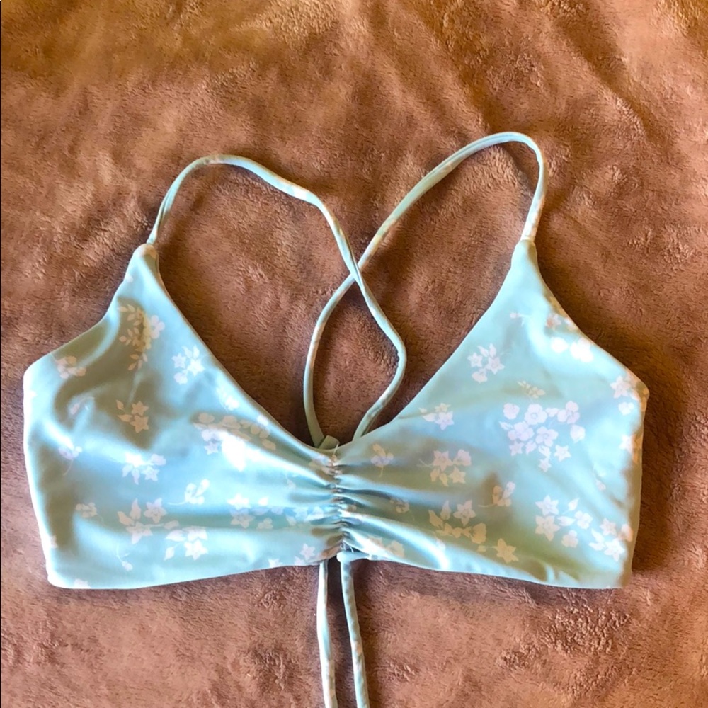 Pastel blue floral bikini, top only.